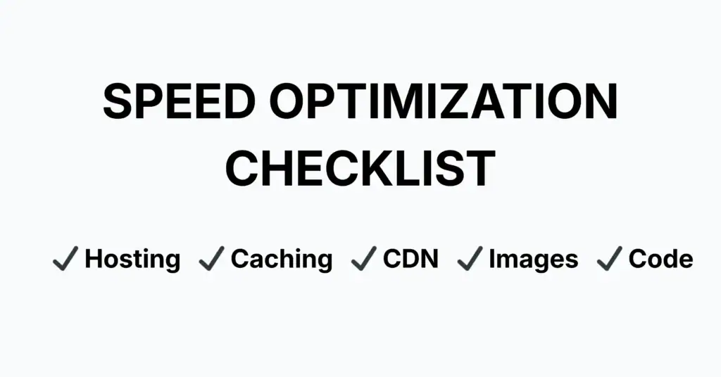 Website speed optimization checklist including hosting caching CDN images and code
