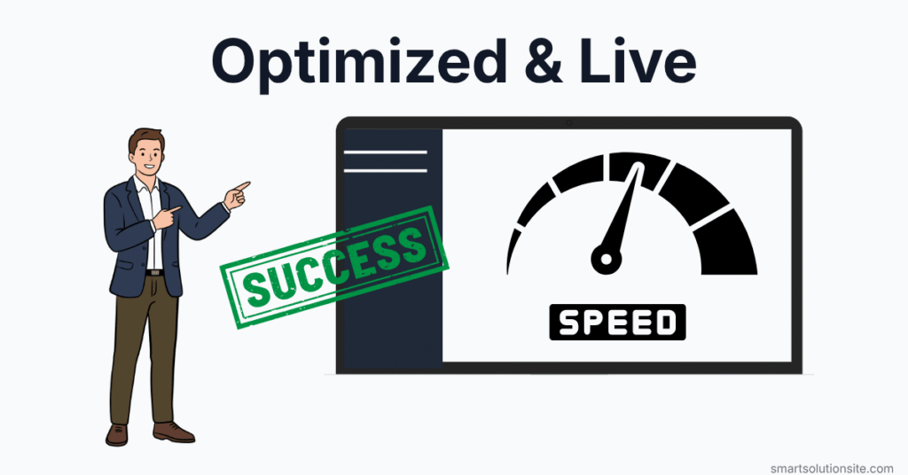 Visual showing a successfully optimized WordPress website dashboard with high performance metrics.