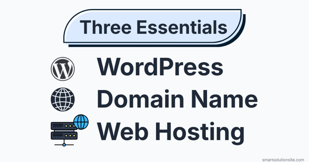 Diagram showing the essential relationship between web hosting, domain name, and WordPress CMS.